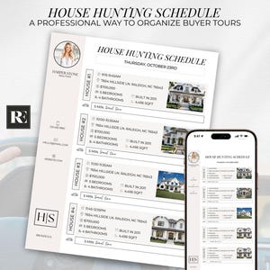 Peut inclure: Un modèle d'emploi du temps de recherche de maisons avec le texte "House Hunting Schedule" et "A Professional Way to Organize Buyer Tours". L'emploi du temps comprend les détails des maisons, les horaires et les coordonnées d'un agent immobilier. Un smartphone affiche le même emploi du temps.