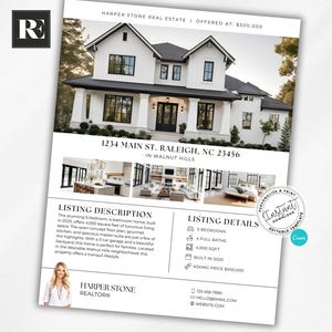 May include: A real estate flyer for a 5 bedroom, 4 bathroom home in Raleigh, North Carolina. The home is white with black trim and has a large front garden. The flyer includes a description of the home, listing details, and contact information for the realtor.