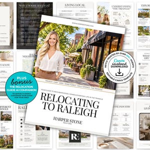 Op de afbeelding: Een digitale verhuisgids-sjabloon voor Raleigh, North Carolina, met een voorpagina met een foto van een persoon op een stadsstraat, de tekst Relocating to Raleigh, Harper Stone Realtors en diverse informatieve pagina's.