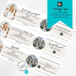 May include: Real estate marketing labels with a photo of a woman, text, and a house image. The labels include the text "tour sip imagine", "Your next move starts here", and "thanks". The labels are 2 x 8 inches.
