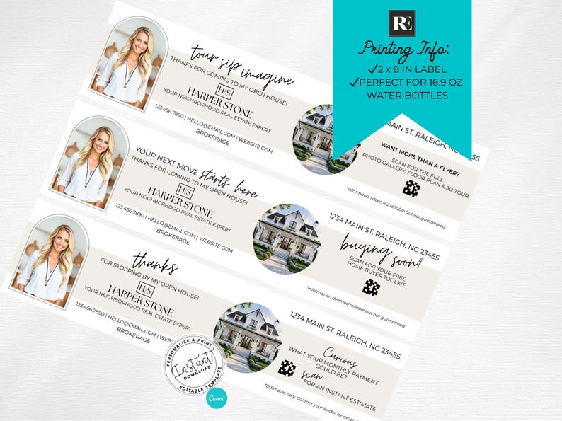 May include: Real estate marketing labels with a photo of a woman, text, and a house image. The labels include the text "tour sip imagine", "Your next move starts here", and "thanks". The labels are 2 x 8 inches.