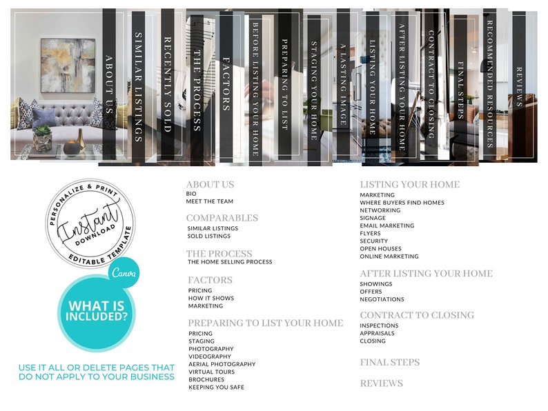 May include: A black and white graphic design template for real estate agents. The template includes sections for "About Us", "Similar Listings", "Recently Sold", "The Process", "Factors", "Preparing to List", "Staging Your Home", "A Lasting Image", "Listing Your Home", "After Listing Your Home", "Contract to Closing", "Final Steps", and "Reviews".