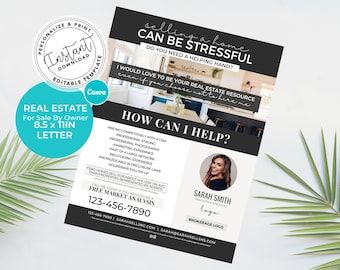 May include: Black and white printable real estate flyer with the text "selling a home CAN BE STRESSFUL" and "HOW CAN I HELP?"  The flyer includes a photo of a real estate agent and a call to action to call for a free market analysis.