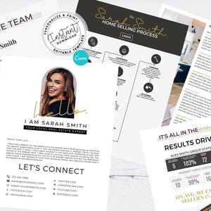 May include: A black and gold real estate marketing brochure with a photo of a woman and the text "Meet the Team, Sarah Smith". The brochure includes a home selling process flowchart, a section titled "Let's Connect" with contact information, and a section titled "It's All in the Numbers, Results Driven" with statistics about the real estate agent's performance.