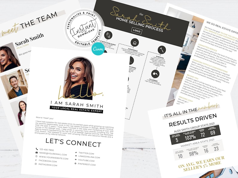 May include: A black and gold real estate marketing brochure with a photo of a woman and the text "Meet the Team, Sarah Smith". The brochure includes a home selling process flowchart, a section titled "Let's Connect" with contact information, and a section titled "It's All in the Numbers, Results Driven" with statistics about the real estate agent's performance.