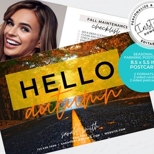 Real Estate Hello Fall Postcard, Real estate marketing, Fall Mailer, Real Estate Farming Card, Editable Canva Template, Social Media, Canva