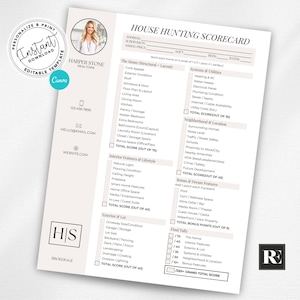 May include: A printable house hunting scorecard template with a light beige background. The scorecard includes sections for home features, systems, neighborhood, and bonus features. The template is branded with "Harper Stone Realtors" and includes a photo.