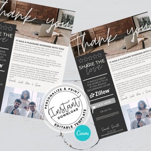 May include: A black and white thank you card with a five-star rating and the text "Share the love". The card includes a message thanking clients for their business and encouraging them to leave a review on Zillow. The card also includes a photo of three people.