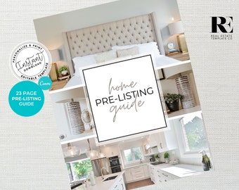 May include: A collage of images showcasing a home pre-listing guide. The guide is titled "home PRE-LISTING guide" and is a 23-page guide. The images include a bedroom, a kitchen, and a living room.