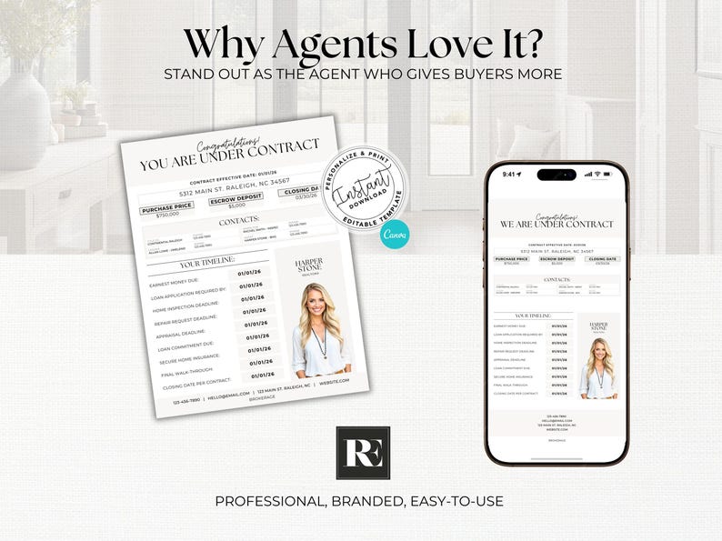 May include: A digital real estate contract template displayed on paper and a smartphone. The text reads "Why Agents Love It?" and "YOU ARE UNDER CONTRACT." The template includes fields for purchase price, contacts, and a timeline. The design is branded and easy to use.