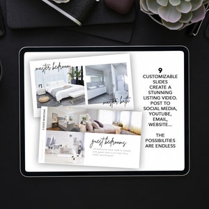 Op de afbeelding: Het scherm van een digitale tablet toont een presentatie van een vastgoedlisting met afbeeldingen van een master bedroom, een master bathroom en gastenkamers. De tekst op het scherm luidt "9 aanpasbare dia's cre&euml;ren een verbluffende listing-video. Plaats op social media, YouTube, e-mail, website... De mogelijkheden zijn eindeloos."