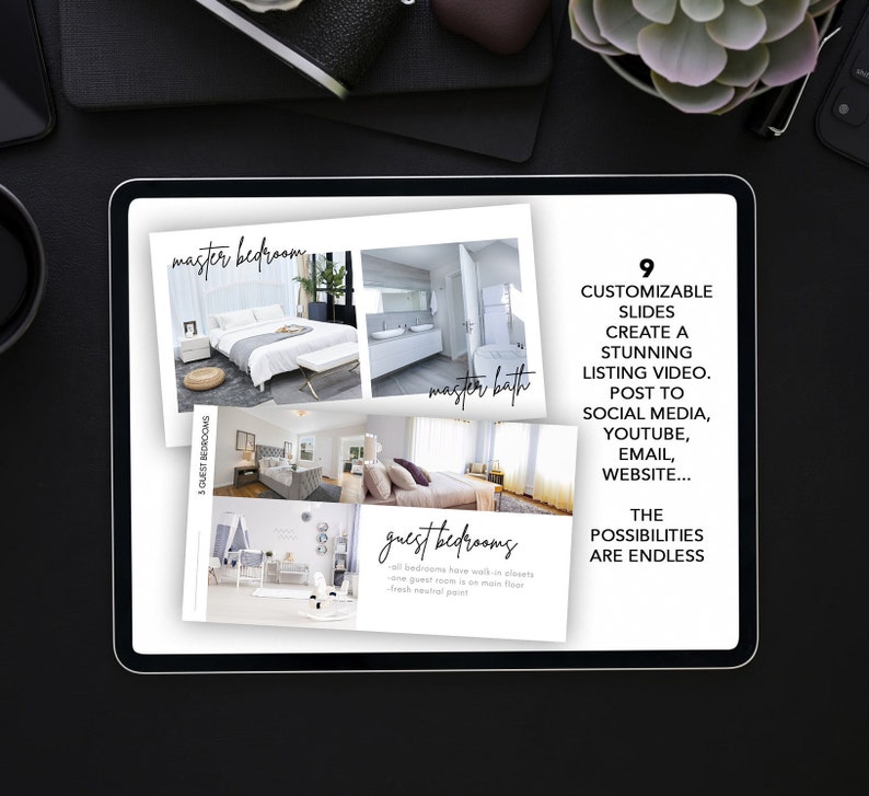 Op de afbeelding: Het scherm van een digitale tablet toont een presentatie van een vastgoedlisting met afbeeldingen van een master bedroom, een master bathroom en gastenkamers. De tekst op het scherm luidt "9 aanpasbare dia's cre&euml;ren een verbluffende listing-video. Plaats op social media, YouTube, e-mail, website... De mogelijkheden zijn eindeloos."