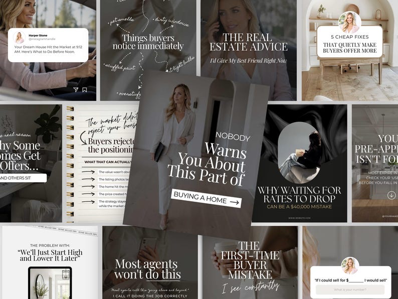 May include: A collage of social media posts with real estate advice. The posts feature text like "Things buyers notice immediately" and "Nobody warns you about this part of buying a home."