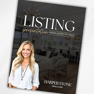 Puede incluir: Una portada de presentación gris oscuro con las palabras "LISTING PRESENTATION" en texto blanco y dorado. La portada también incluye el texto "FROM LISTED TO SOLD" y el nombre "HARPER STONE REALTOR®". Una mujer sonriente está en la imagen.