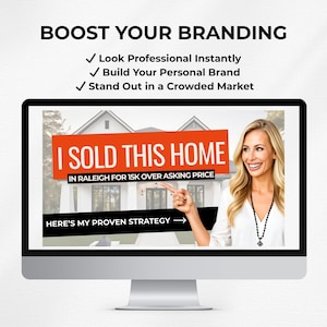 May include: A computer monitor displays a real estate advertisement. The ad features the text "I SOLD THIS HOME" and "Boost Your Branding." A woman points to the ad. The ad promises to help you "Look Professional Instantly."