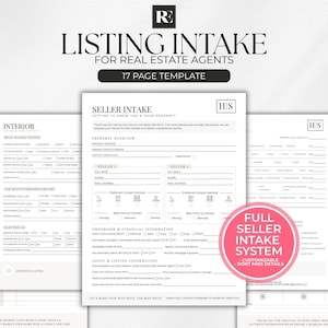May include: A 17-page real estate listing intake template featuring black text on white paper. The documents include sections for property overview, seller contact information, ownership, financial details, and interior home updates.