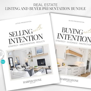 Puede incluir: Dos plantillas de presentación blancas para bienes raíces, tituladas "Selling with Intention" y "Buying with Intention". Las plantillas presentan fotos de diseño de interiores y el logotipo de Harper Stone Realtors. La frase "Descarga instantánea" también es visible.