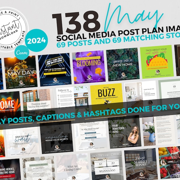 May 2024 Real Estate Social Media Templates, Spring Post, Real Estate Marketing, May Realtor, Spring Social Media, Canva Template, Caption