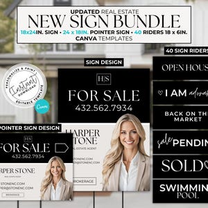 May include: A set of real estate sign templates for Canva. The templates include a 18x24 inch sign, a 24x18 inch pointer sign, and 40 riders. The signs feature a black and white color scheme with a modern design. The text on the signs includes "For Sale", "Open House", "I Am Adorable", "Back On The Market", "Sale Pending", "Sold", and "Swimming Pool".