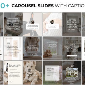 May include: A collection of carousel slides with captions, featuring real estate advice. The slides cover topics like home selling, buying, and market analysis. Text includes "180+ CAROUSEL SLIDES WITH CAPTIONS" and various real estate tips.