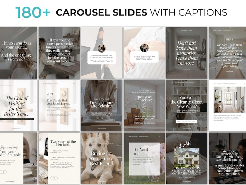 May include: A collection of carousel slides with captions, featuring real estate advice. The slides cover topics like home selling, buying, and market analysis. Text includes "180+ CAROUSEL SLIDES WITH CAPTIONS" and various real estate tips.