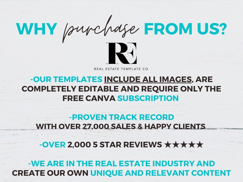 May include: A white woodgrain background with blue text that reads "WHY purchase FROM US?" with a black logo that reads "RE REAL ESTATE TEMPLATE CO". The text below the logo reads "OUR TEMPLATES INCLUDE ALL IMAGES, ARE COMPLETELY EDITABLE AND REQUIRE ONLY THE FREE CANVA SUBSCRIPTION - PROVEN TRACK RECORD WITH OVER 27,000 SALES & HAPPY CLIENTS - OVER 2,000 5 STAR REVIEWS ★★★★★ - WE ARE IN THE REAL ESTATE INDUSTRY AND CREATE OUR OWN UNIQUE AND RELEVANT CONTENT"