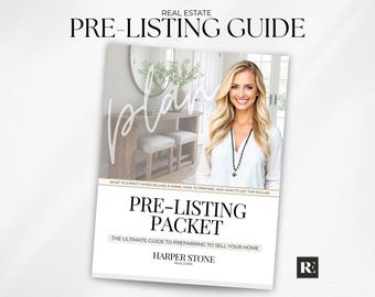 May include: A white booklet titled "PRE-LISTING PACKET" with the text "THE ULTIMATE GUIDE TO PREPARING TO SELL YOUR HOME." The booklet features a smiling woman and the words "REAL ESTATE PRE-LISTING GUIDE."