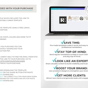 May include: A laptop displays a newsletter template with the text "R" in a black square. The image includes instructions on how to edit the template, download it, and a list of benefits: Save Time, Stay Top-of-Mind, Look Like an Expert, Boost Your Brand, and Get More Clients.