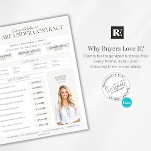 May include: A real estate contract template with the text "YOU ARE UNDER CONTRACT". The document includes details like purchase price, escrow deposit, and closing date. A headshot of a woman is on the right side of the document.