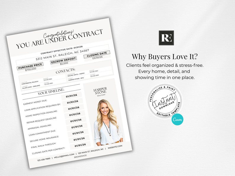 May include: A real estate contract template with the text "YOU ARE UNDER CONTRACT". The document includes details like purchase price, escrow deposit, and closing date. A headshot of a woman is on the right side of the document.