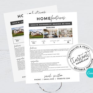 Real Estate Home Feature Sheet Flyer Template, Real Estate Marketing, Upgrade Sheet For Listing, For Sale Flyer, Open House Flyer, Canva PDF