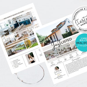 May include: A two-sided real estate newsletter template in a light blue, white, and brown color scheme. The front side features a photo of a white farmhouse with a brown roof and a green lawn. The back side features a photo of a woman with a key and the text "Just Listed" and "Charming Home".