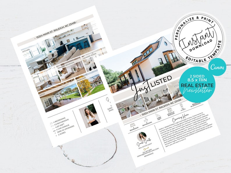 May include: A two-sided real estate newsletter template in a light blue, white, and brown color scheme. The front side features a photo of a white farmhouse with a brown roof and a green lawn. The back side features a photo of a woman with a key and the text "Just Listed" and "Charming Home".