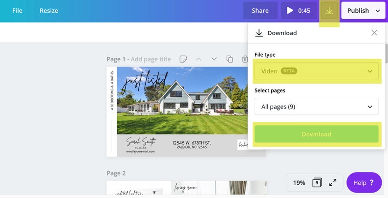 Op de afbeelding: Een makelaarsadvertentie voor een huis met een groene gazon en een bord met de tekst "net te koop". De advertentie bevat de naam van de makelaar, zijn e-mailadres en het adres van het huis.
