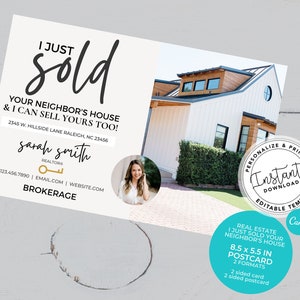 Real Estate Postcards, Sold your neighbors House Card, Agent Farming Card, Real Estate postcard, Real estate marketing, Editable, Canva, PDF