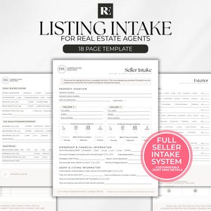 Pode incluir: Um conjunto de formulários de admissão de listagem em branco e cinza para agentes imobiliários. Os formulários incluem seções para visão geral da propriedade, informações do vendedor e detalhes legais. O texto "Listing Intake" e "18 Page Template" são visíveis.