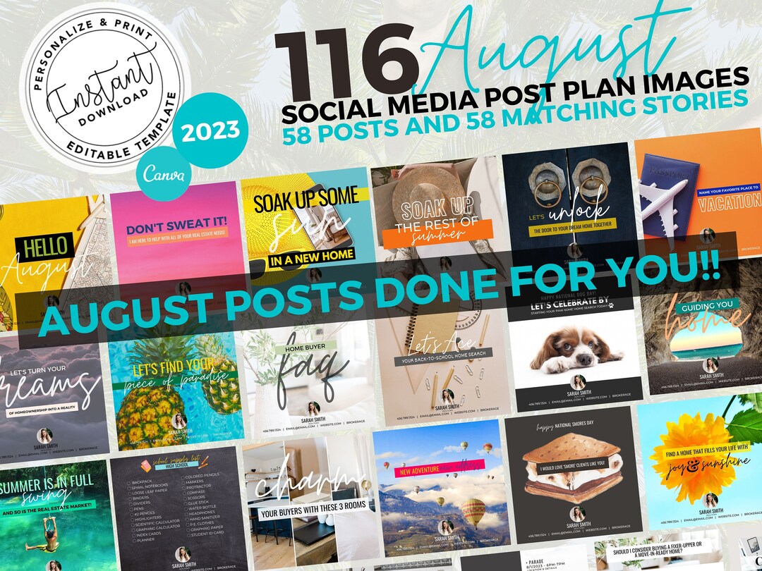 Real Estate August Social Media Posts: Canva Templates (116 Posts) - Etsy