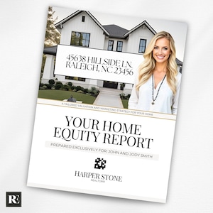 May include: A real estate marketing report titled "Your Home Equity Report" with the address 45638 Hillside Ln. Raleigh, NC 23456. The report features a photo of a house and a smiling woman. The report is prepared for John and Jody Smith.