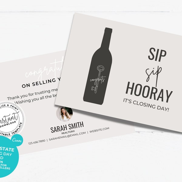 Set of Sip Sip Hooray, Closing Day Card, Mortgage Real Estate Greeting Card, Realtor Closing Gift, Bottle Hang Tag, real estate gift, Canva