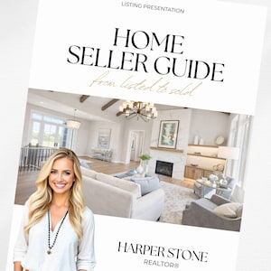 May include: A listing presentation titled "Home Seller Guide" with the tagline "from listed to sold." The image features a smiling woman in front of a living room interior. The realtor's name, Harper Stone, is also visible.
