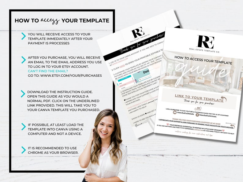 May include: A guide with instructions on how to access a digital template. The guide includes information on how to download the template, how to open it in Canva, and how to use the template. The guide also includes a link to the template.