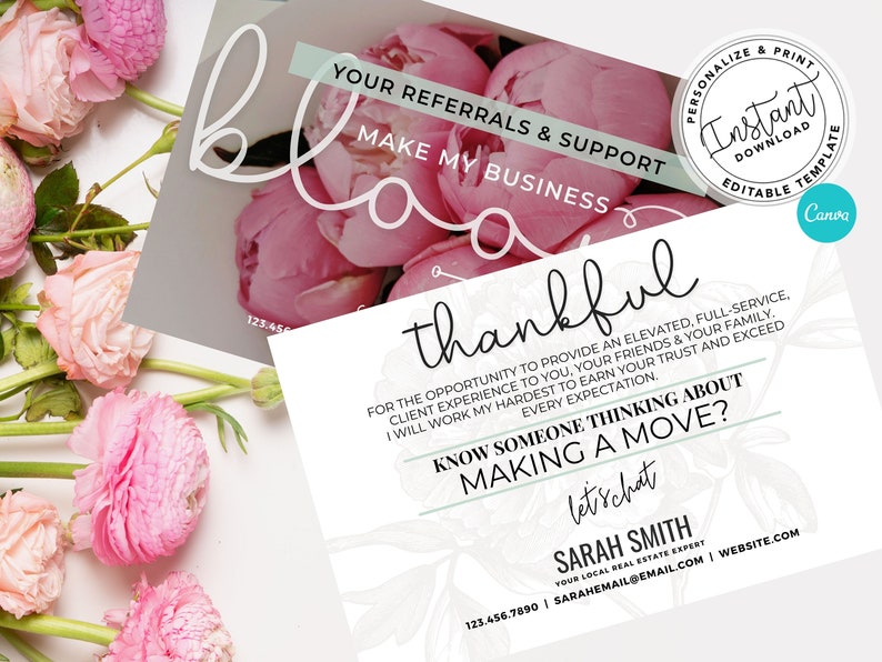 Real Estate Spring Postcard, Your Referrals Make My Business Bloom Card, Realtor Farming, Real estate marketing, Mailer, Canva Template, PNG image 2