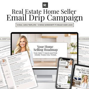 Real Estate Seller Drip Campaign | 12 Realtor Email Templates + 12 Worksheets | Home Seller Lead Nurture | Canva Email Automation