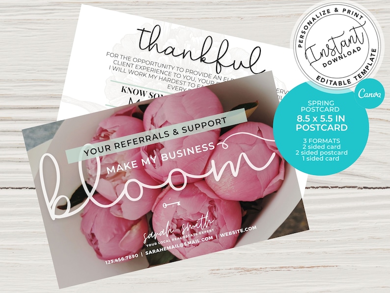 Real Estate Spring Postcard, Your Referrals Make My Business Bloom Card, Realtor Farming, Real estate marketing, Mailer, Canva Template, PNG image 1