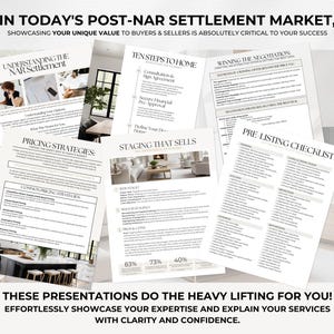 Editable Canva listing presentation for Realtors with pricing strategies, staging tips, and marketing plan pages.