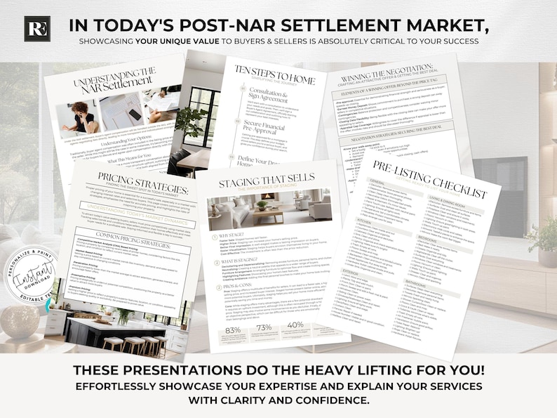 Editable Canva listing presentation for Realtors with pricing strategies, staging tips, and marketing plan pages.