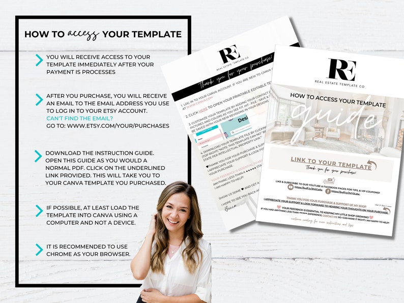 May include: A guide on how to access your template purchase. The guide includes instructions on how to download and open the template, as well as how to use Canva. The guide also includes a link to the template. The guide is in a white and gray color scheme with a photo of a living room in the background.