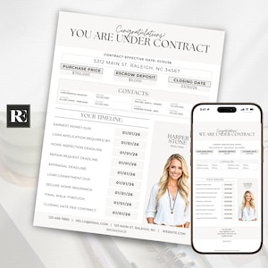 May include: A real estate contract document and a smartphone displaying a similar document. The documents feature the text "YOU ARE UNDER CONTRACT" and include details like purchase price, escrow deposit, and closing date. A realtor's photo is also visible.