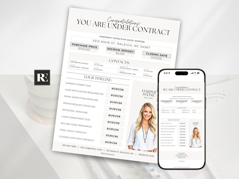 May include: A real estate contract document and a smartphone displaying a similar document. The documents feature the text "YOU ARE UNDER CONTRACT" and include details like purchase price, escrow deposit, and closing date. A realtor's photo is also visible.