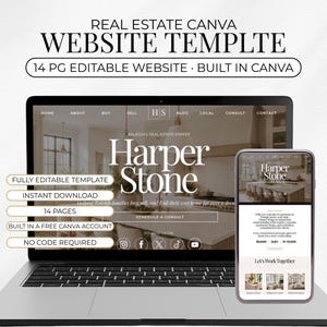 Könnte beinhalten: Eine 14-seitige Immobilien-Website-Vorlage für Canva, angezeigt auf einem Laptop- und Smartphone-Bildschirm. Das Design enthält den Text "REAL ESTATE CANVA WEBSITE TEMPLTE", "14 PG EDITABLE WEBSITE", "Harper Stone" und "SCHEDULE A CONSULT".
